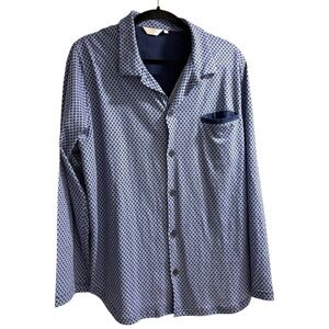 Frette Navy and White Geometric Button Down Pajama Shirt Size L